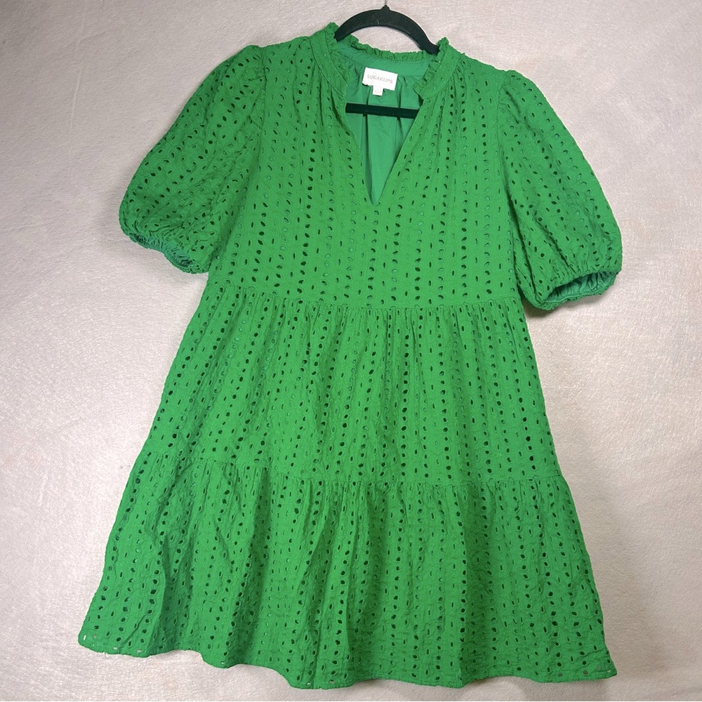 Sugarlips Green Eyelet Puff Sleeve Dress